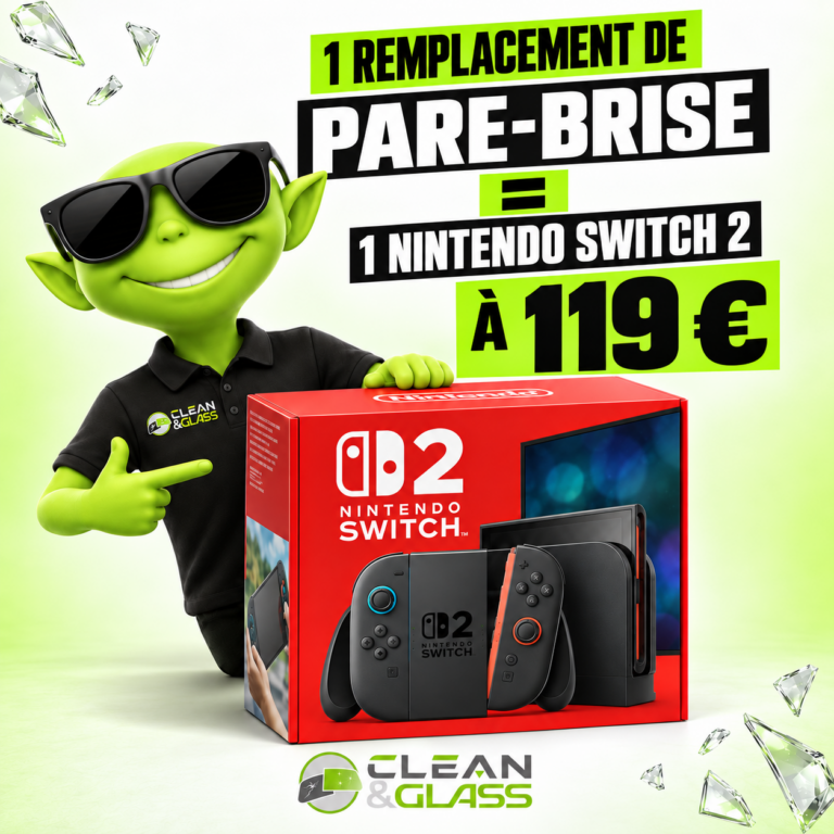 Clean & Glass : une Nintendo Switch 2 à 119 € pour un remplacement de pare-brise, avec la mascotte.